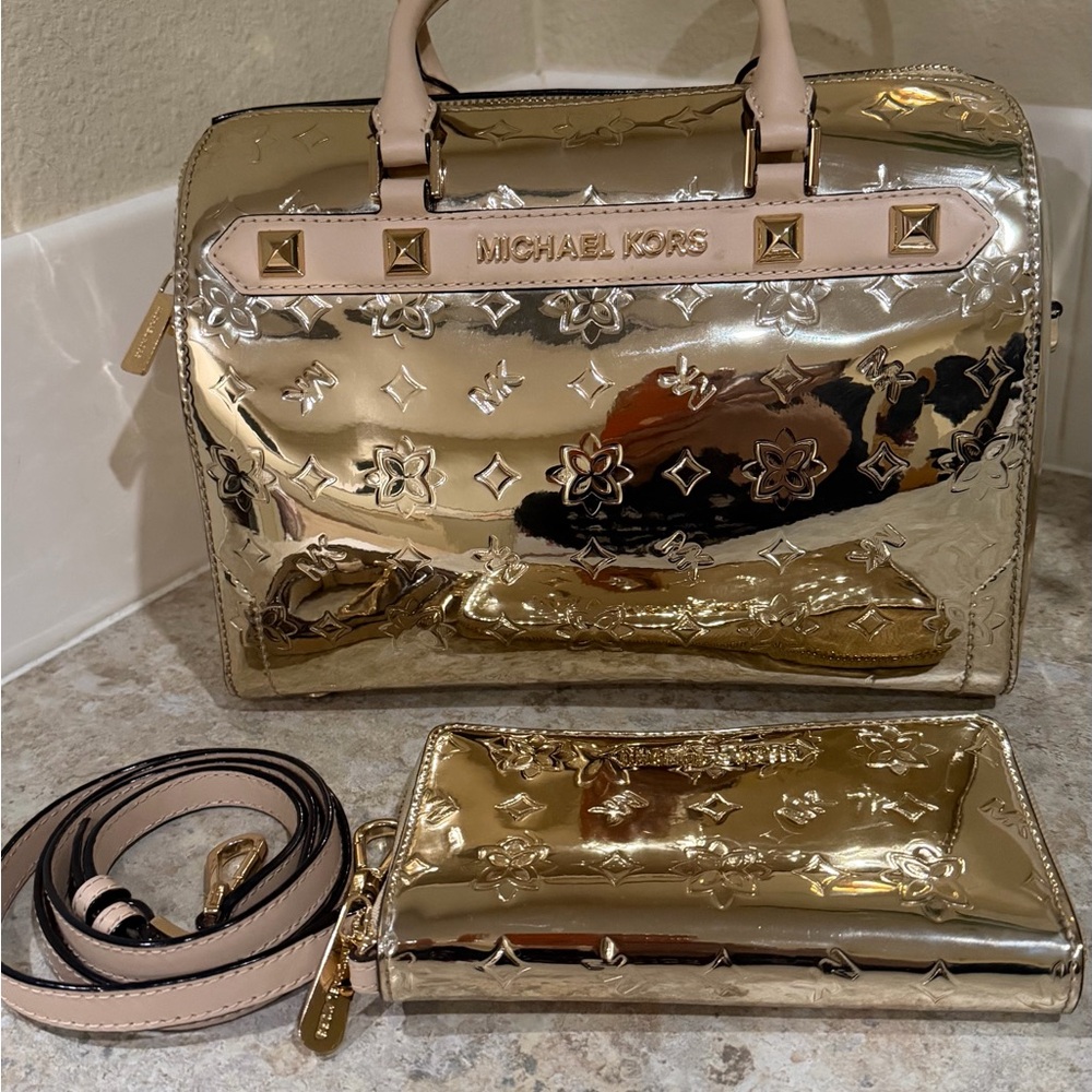 Michael Kors Gold Floral Satchel and Wallet Set